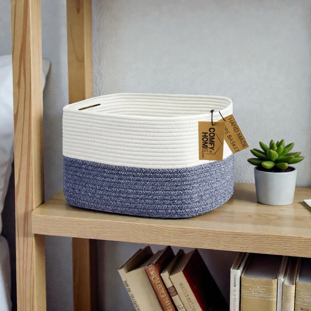 Comfy Homi Navy & White Cotton Rope Woven Storage Basket with Handles Brand New - Picture 3 of 4
